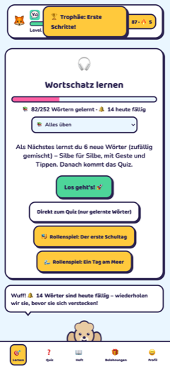 Startbildschirm zum Englisch-Vokabeln lernen mit Fortschrittsbalken und Lektionsauswahl