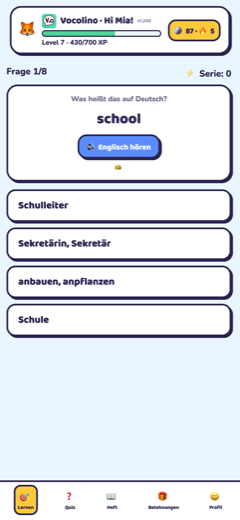 Vokabel-Quiz: englisches Wort mit vier deutschen Antwortmöglichkeiten